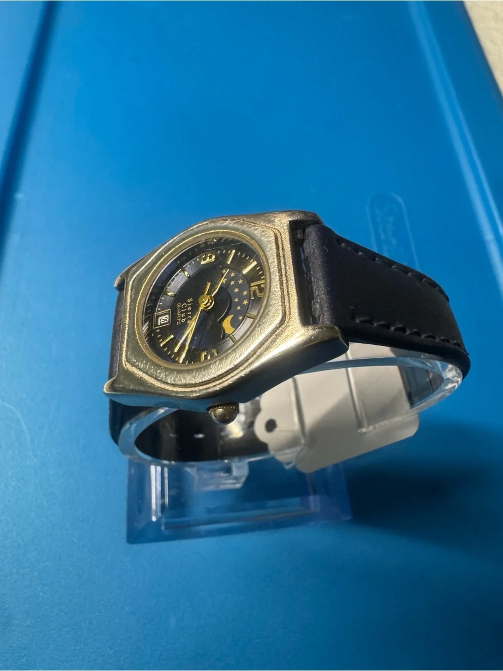 Sierra moon face Gold-Tone Case Watch with Black Dial and Brown Leather Strap